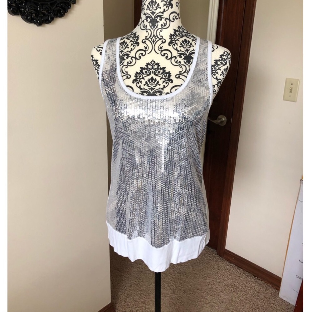 Silver Sequin White Tank Top